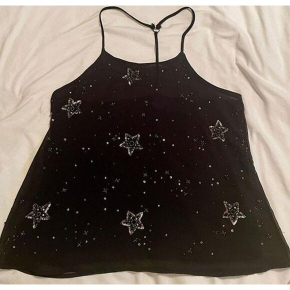 Free People Black chiffon Beaded Star Cami with adjustable raceback, M - Picture 1 of 6